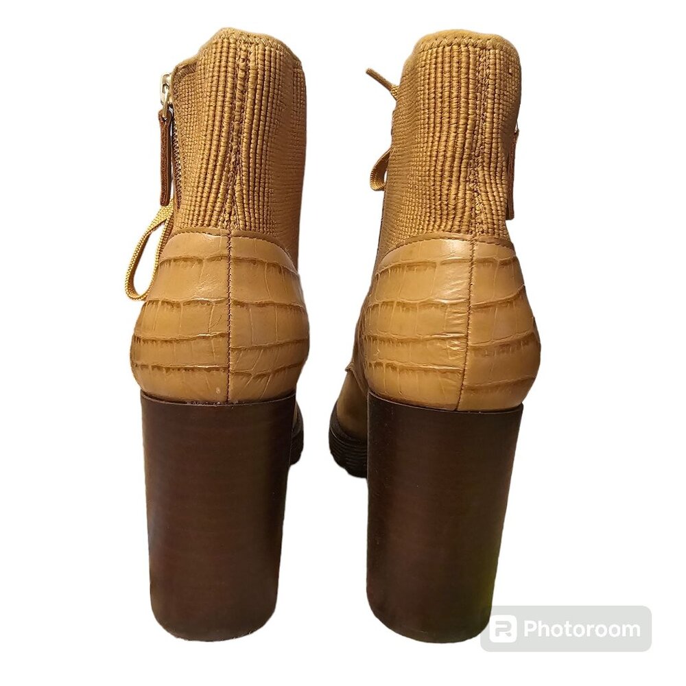 Gibson Latimer Chunky Platform Ankle Boots Sz 9 Tan Croc Embossed Block Heel Y2K - Picture 2 of 6